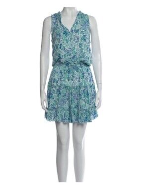 Poupette St Barth Clara Mini Dress NWT Size L Blue Aqua Print Tassel Tie Resort